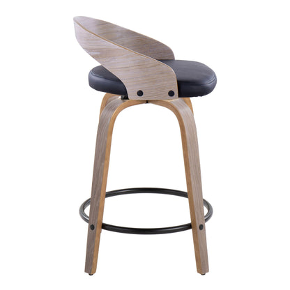 The Grotto Contemporary Fixed Height Counter Stool (Set of 2) features light wood legs, a curved wooden backrest, a black cushioned seat, and a round metal footrest for a clean-lined, minimalist look.