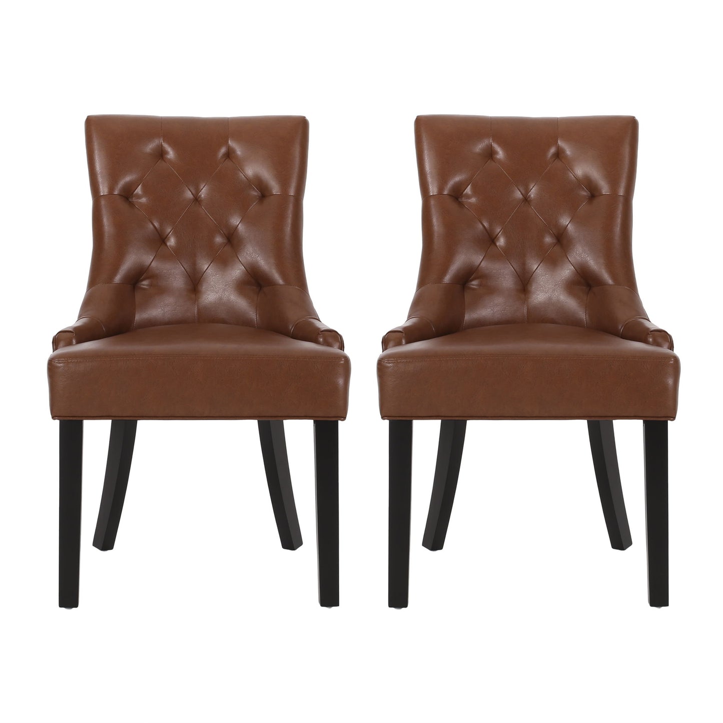 The Cheney Contemporary Dining Chair set features two brown, tufted leather chairs with black wooden legs, placed side by side and facing forward against a plain white background.