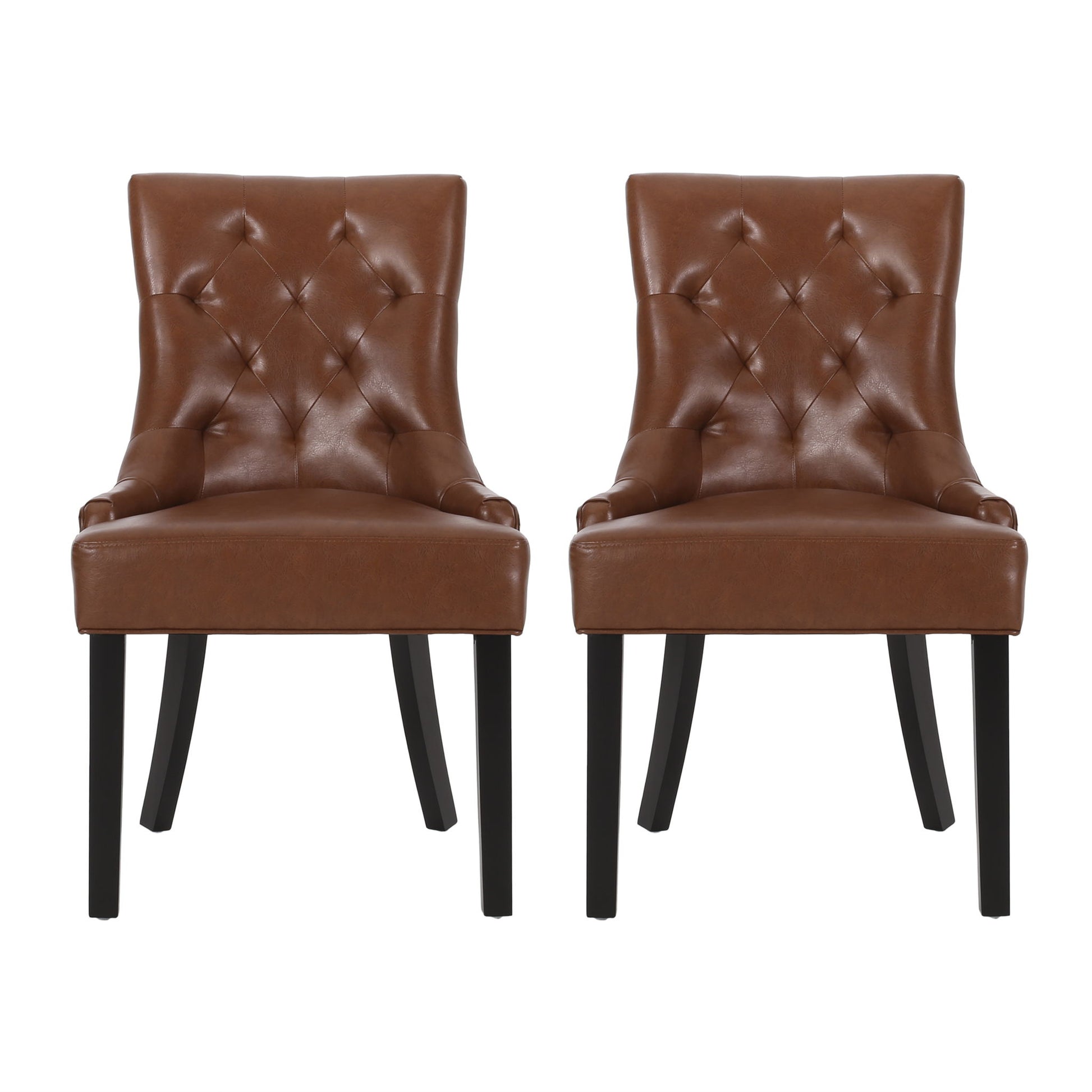 The Cheney Contemporary Dining Chair set features two brown, tufted leather chairs with black wooden legs, placed side by side and facing forward against a plain white background.
