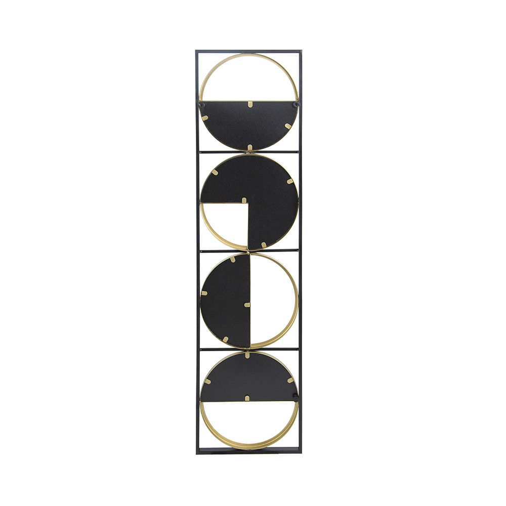 The Eclectic Styling Metal Beaded Wall Mirror features a contemporary design with a tall, rectangular black frame and four black semi-circular shelves framed by golden circles, ideal for bedrooms, living rooms, or entryways.