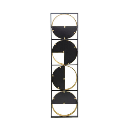 The Eclectic Styling Metal Beaded Wall Mirror features a contemporary design with a tall, rectangular black frame and four black semi-circular shelves framed by golden circles, ideal for bedrooms, living rooms, or entryways.