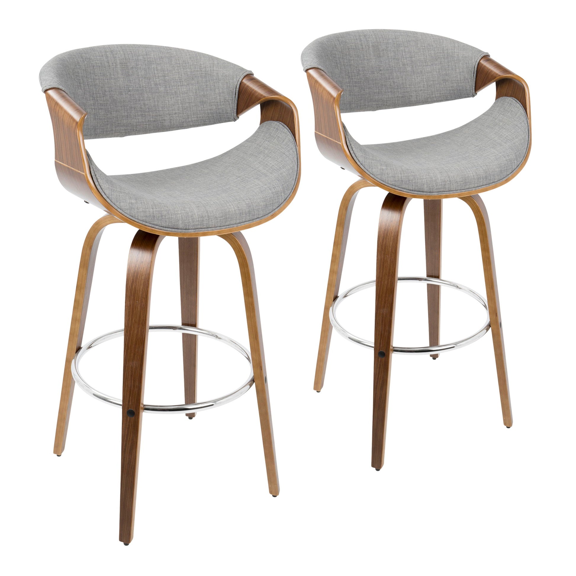 Set of 2 Curvini Mid-Century Modern Fixed Height Barstools with swivel feature, curved wooden frames, gray fabric seat and back cushions, metal footrests, and four angled wooden legs each.