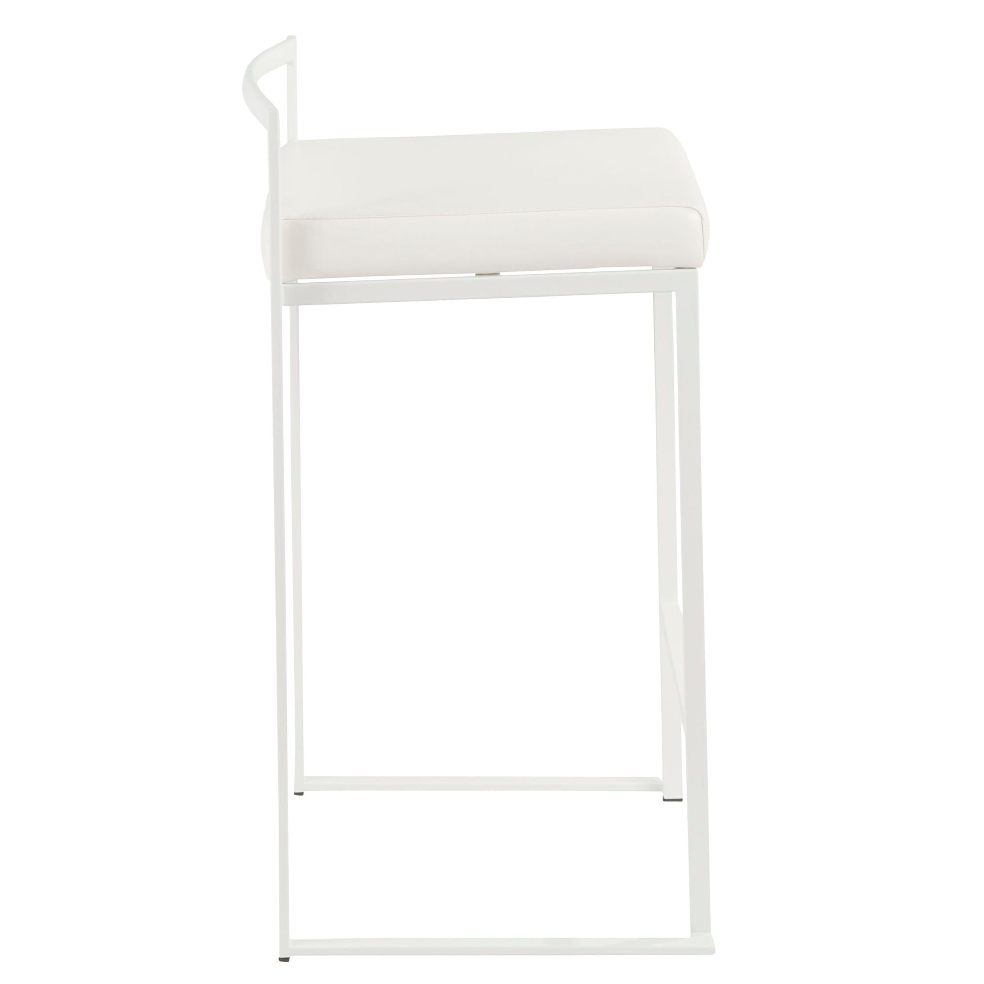 The Fuji - Simple Elegance, Contemporary Stackable Counter Stool is shown from the side with a minimalist metal frame, white square cushioned seat, and small backrest against a white background.