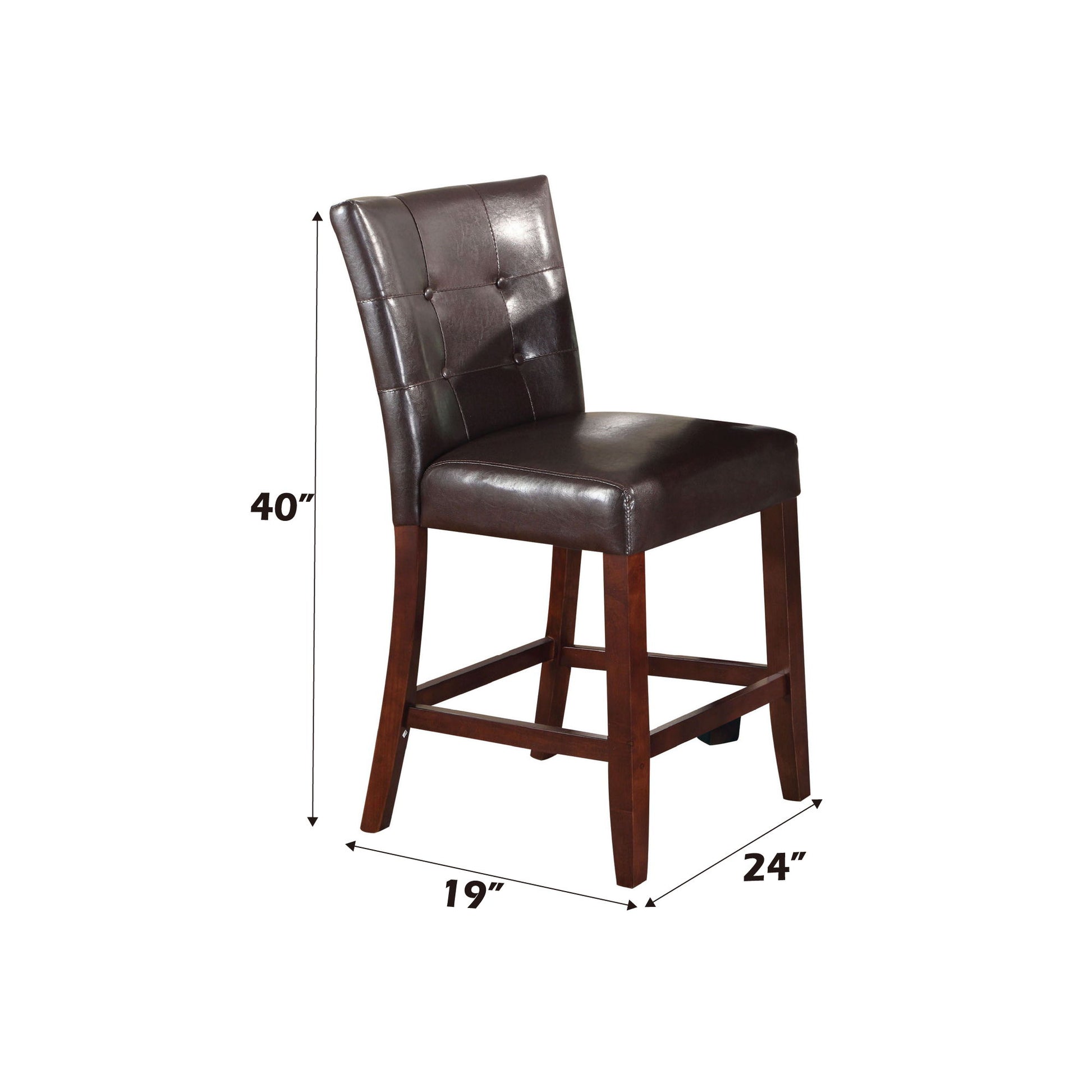 The Britney Counter Height Chair (Set of 2) in espresso features brown leather upholstery, a button-tufted backrest, wooden legs, and measures 40"H x 19"D x 24"W.