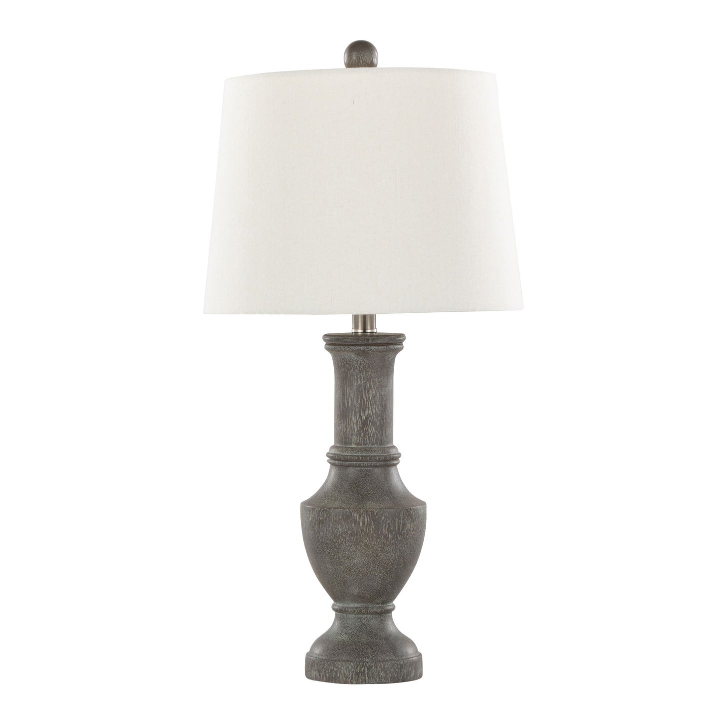The Chateau Contemporary Table Lamp (Set of 2) features an Acid Griffin and Nickel carved base with a white fabric shade, blending rustic charm and elegance in a traditional design. Photographed against a plain white background.