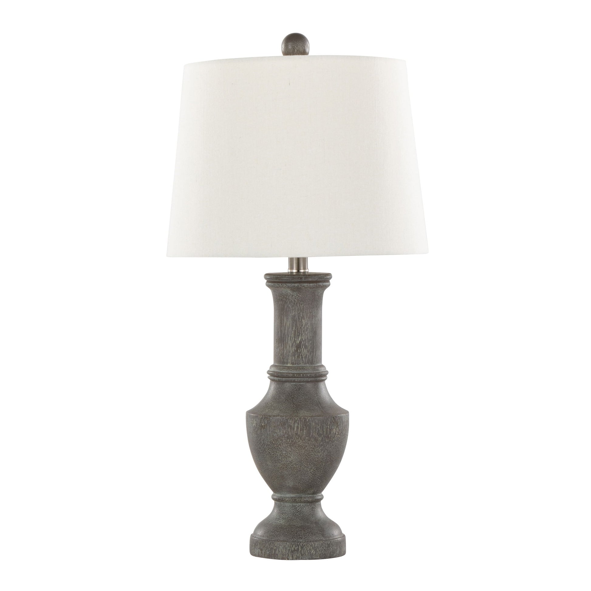 The Chateau Contemporary Table Lamp (Set of 2) features an Acid Griffin and Nickel carved base with a white fabric shade, blending rustic charm and elegance in a traditional design. Photographed against a plain white background.