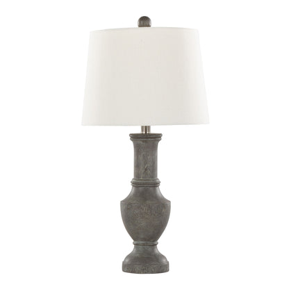 The Chateau Contemporary Table Lamp (Set of 2) features an Acid Griffin and Nickel carved base with a white fabric shade, blending rustic charm and elegance in a traditional design. Photographed against a plain white background.