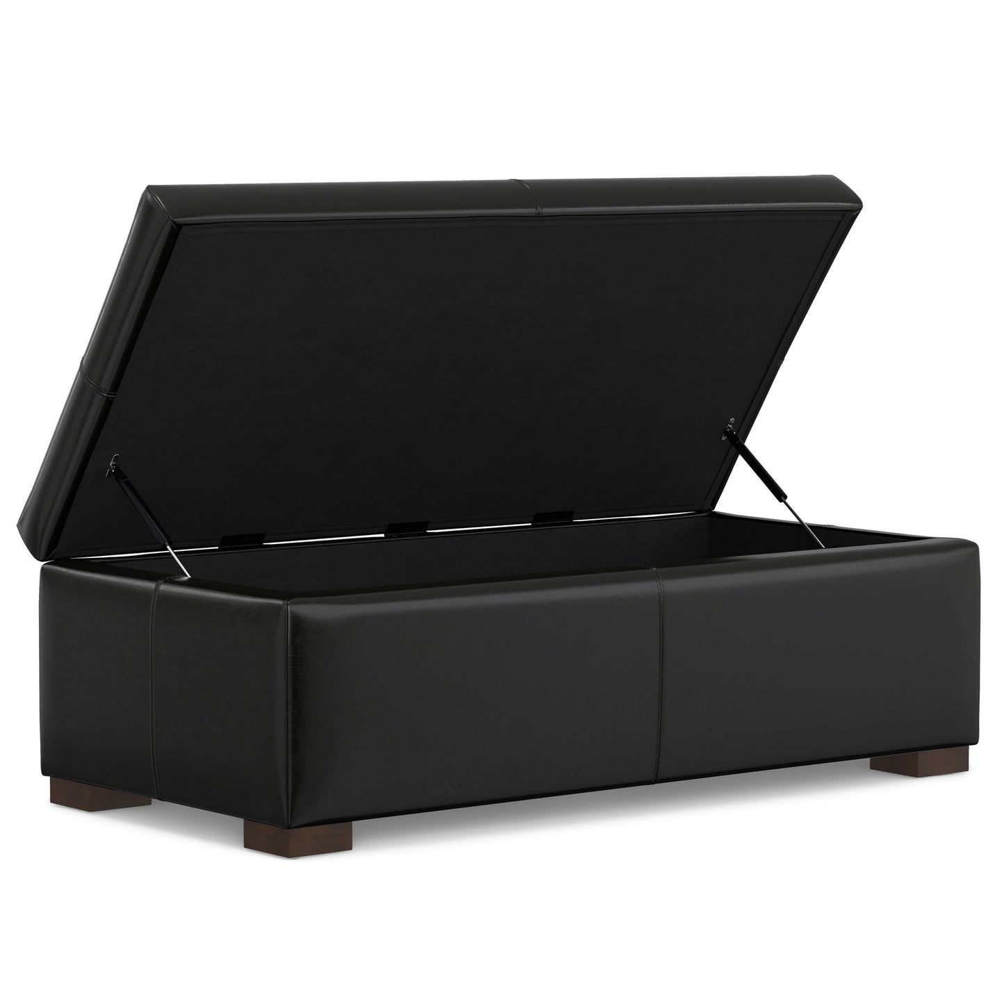 The Gabbie Coffee Table Upholstered Storage Ottoman features a black rectangular design with a hinged lid revealing an empty interior, a smooth surface, and four short wooden legs.