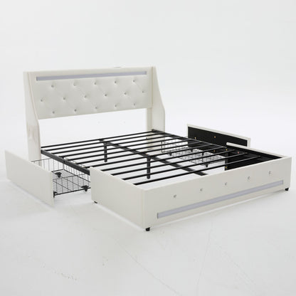 Wingback Upholstered Bed Frame With LED Lights, Charging Station