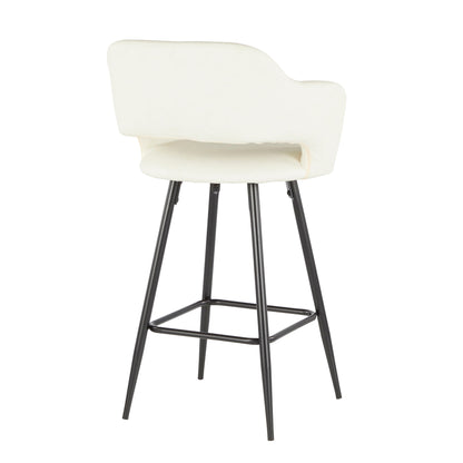 The Margarite - Contemporary Counter Stool (Set of 2) features cushioned white seats and backrests, black metal legs, and a footrest, shown from the rear on a white background.