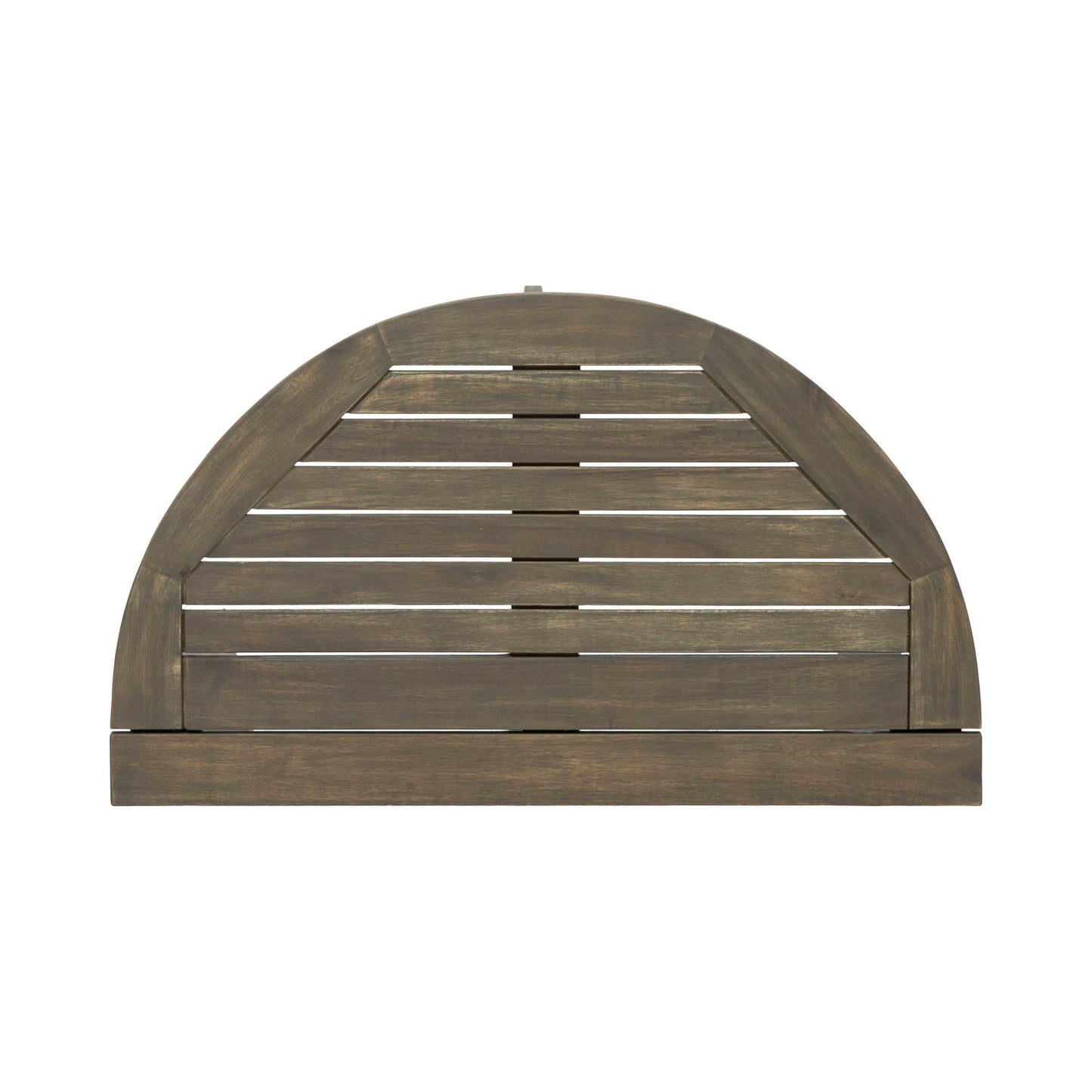 The Outdoor 3 Piece Half Round Folding Bistro Set features a dark brown, semi-circular design with horizontal slats, a flat base, and an arched top—perfect for stylish outdoor garden settings.