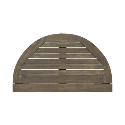 The Outdoor 3 Piece Half Round Folding Bistro Set features a dark brown, semi-circular design with horizontal slats, a flat base, and an arched top—perfect for stylish outdoor garden settings.