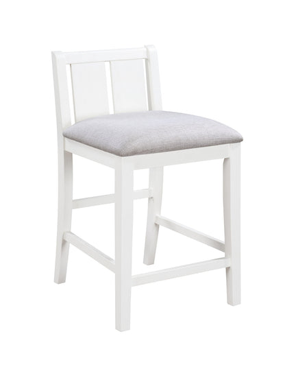 The Graham 20" Upholstered Seat Counter Height Chair (Set of 2) features a white wooden frame, light gray cushioned seat, slatted backrest, and footrests on all sides for a simple and modern look.