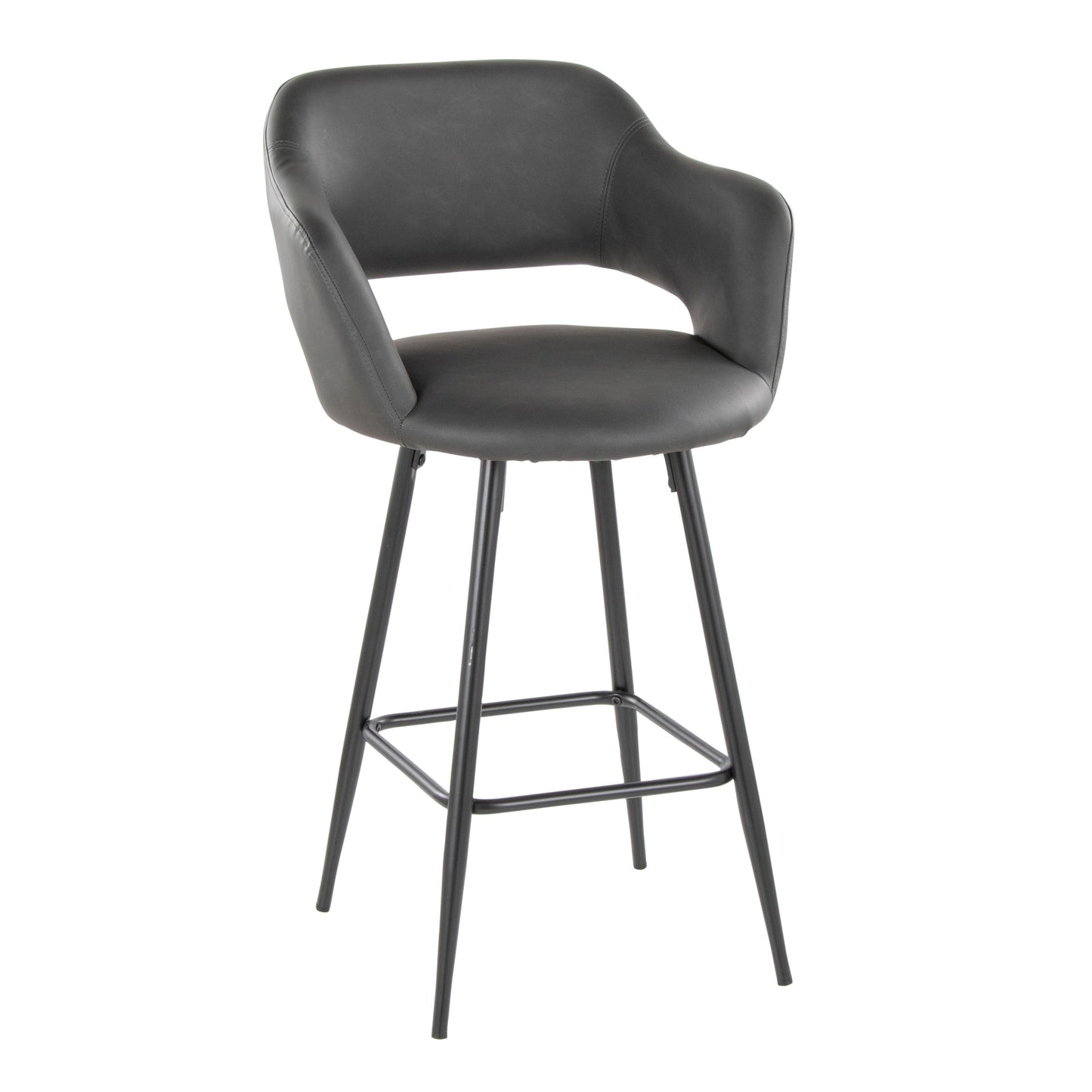 The Margarite is a set of two contemporary fixed-height counter stools, featuring sleek black upholstery with padded seats and backrests. They have armrests and four slender metal legs connected by a square footrest for an elegant appearance.
