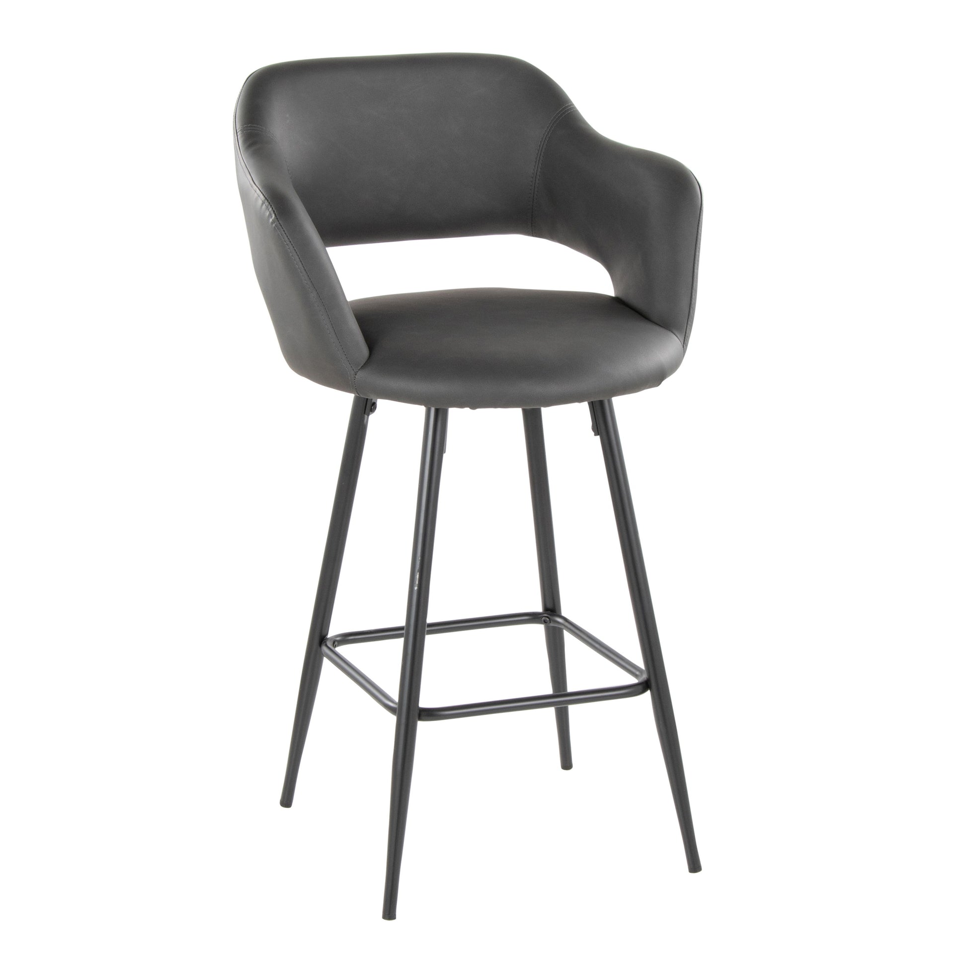 The Margarite is a set of two contemporary fixed-height counter stools, featuring sleek black upholstery with padded seats and backrests. They have armrests and four slender metal legs connected by a square footrest for an elegant appearance.