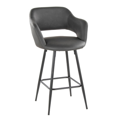 The Margarite is a set of two contemporary fixed-height counter stools, featuring sleek black upholstery with padded seats and backrests. They have armrests and four slender metal legs connected by a square footrest for an elegant appearance.