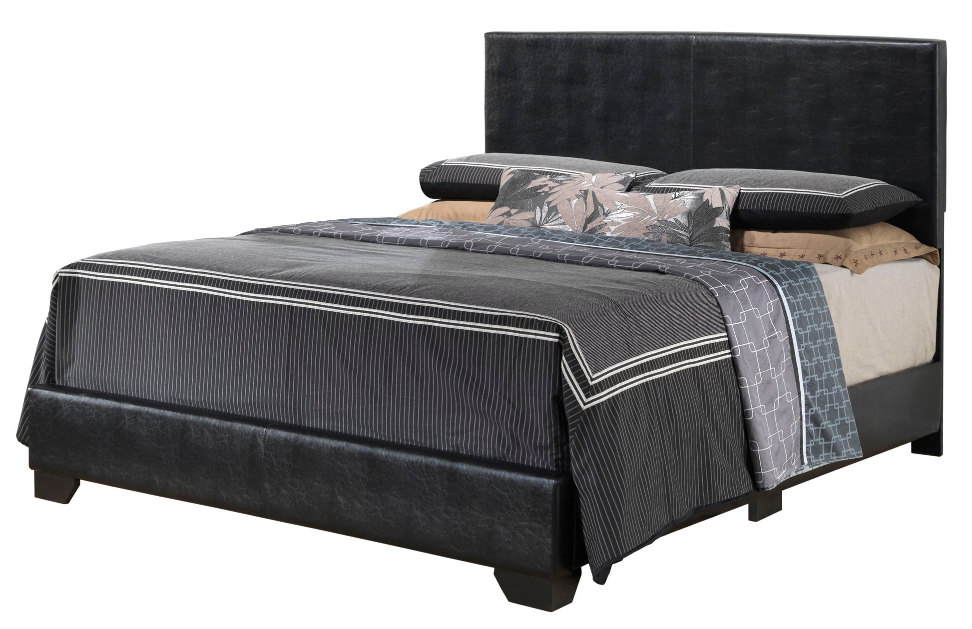 The Elegant Platform Bed For Relaxed Spaces features a black upholstered headboard, dark bedding, patterned pillows, neatly arranged sheets and blankets, and stands on short, sturdy legs.
