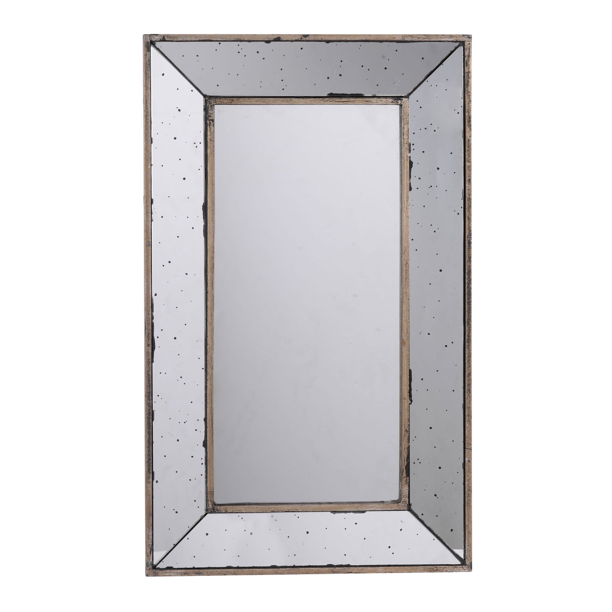The Distressed Accent Mirror is a traditional style framed wall mirror for the living room, featuring a wide, beveled frame with an antiqued distressed finish and speckled spots. The center offers a clear, reflective surface for vintage appeal.