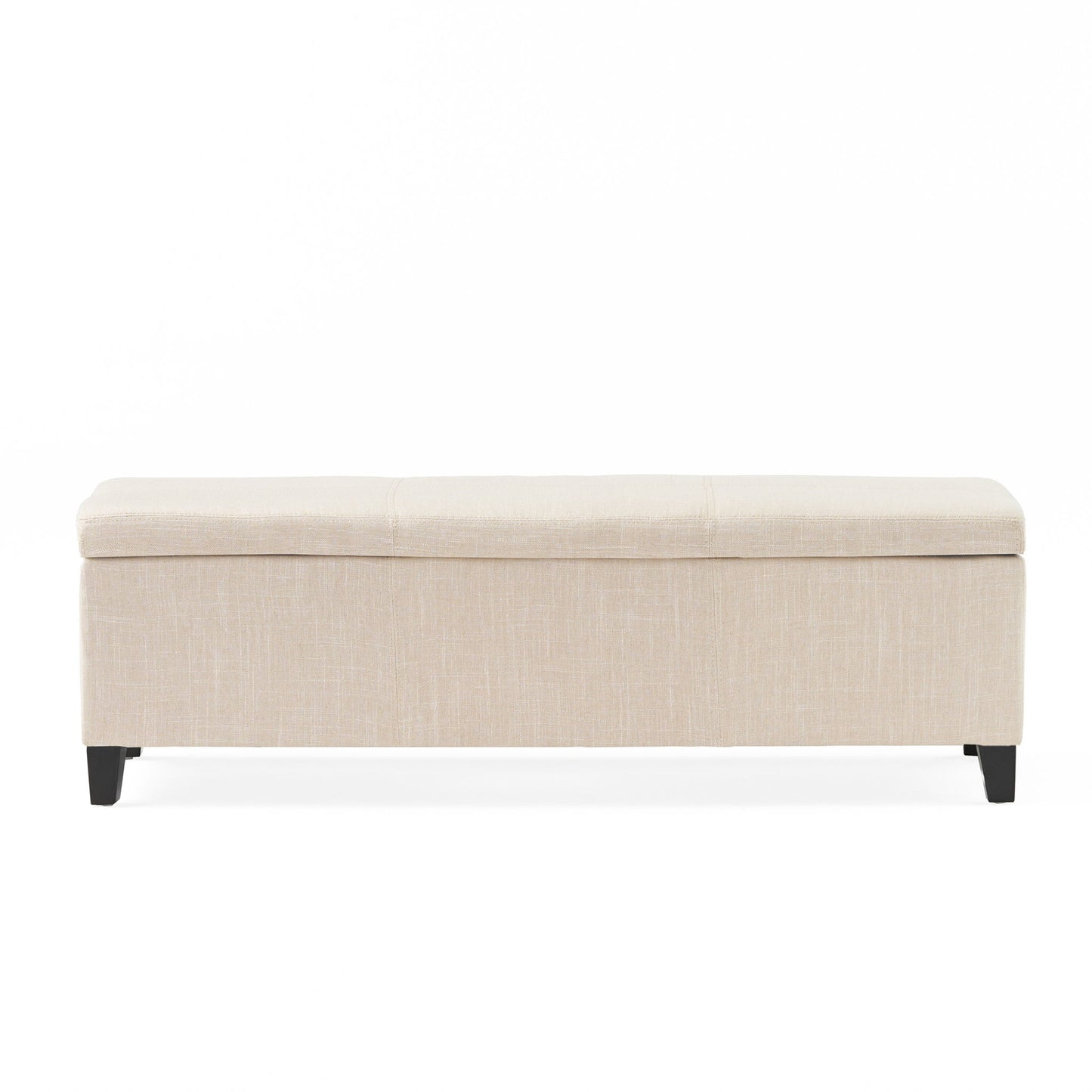 The Glouster - Contemporary Storage Ottoman is a rectangular beige upholstered bench with a cushioned top and four short dark wooden legs, shown against a plain white background.
