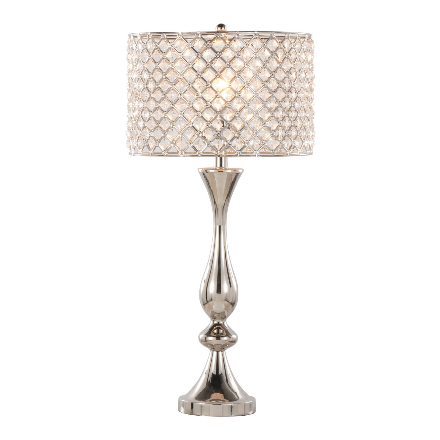 The Topaz Contemporary Table Lamp features a shiny, curvy silver base and a drum-shaped shade adorned with a diamond-patterned crystal design for an elegant, luxurious look.