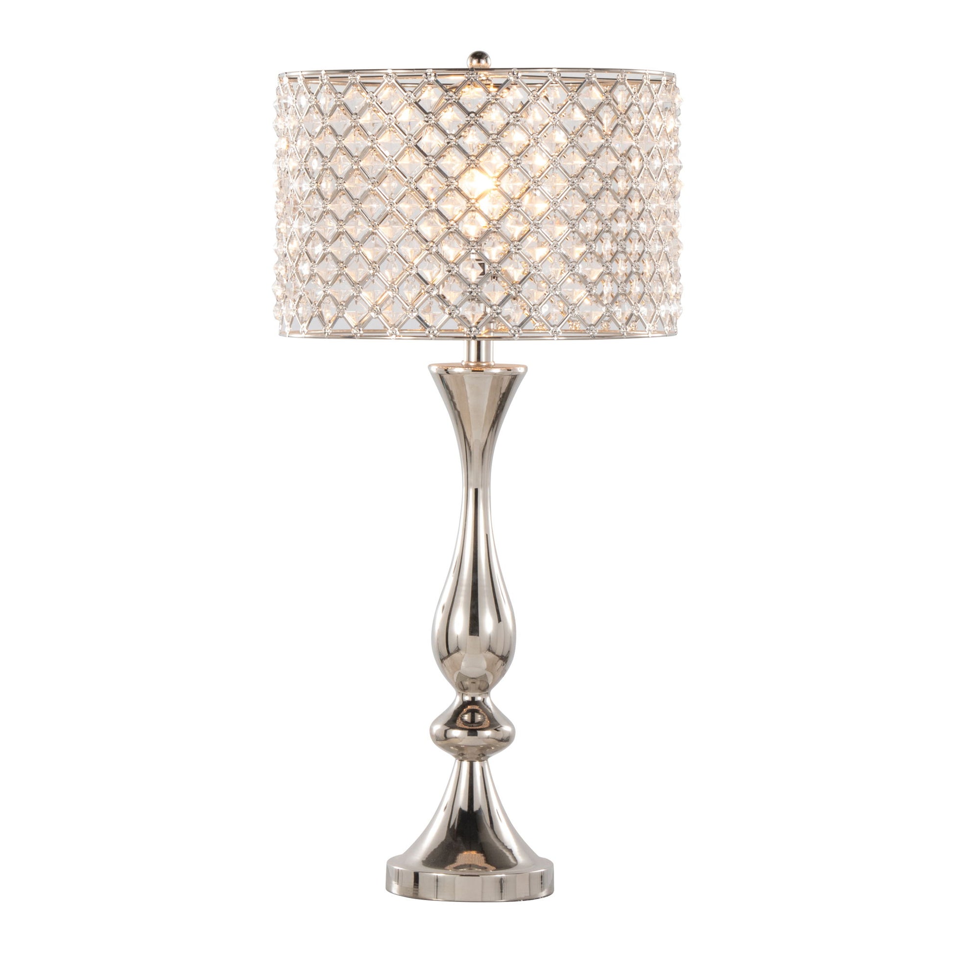 The Topaz Contemporary Table Lamp features a shiny, curvy silver base and a drum-shaped shade adorned with a diamond-patterned crystal design for an elegant, luxurious look.