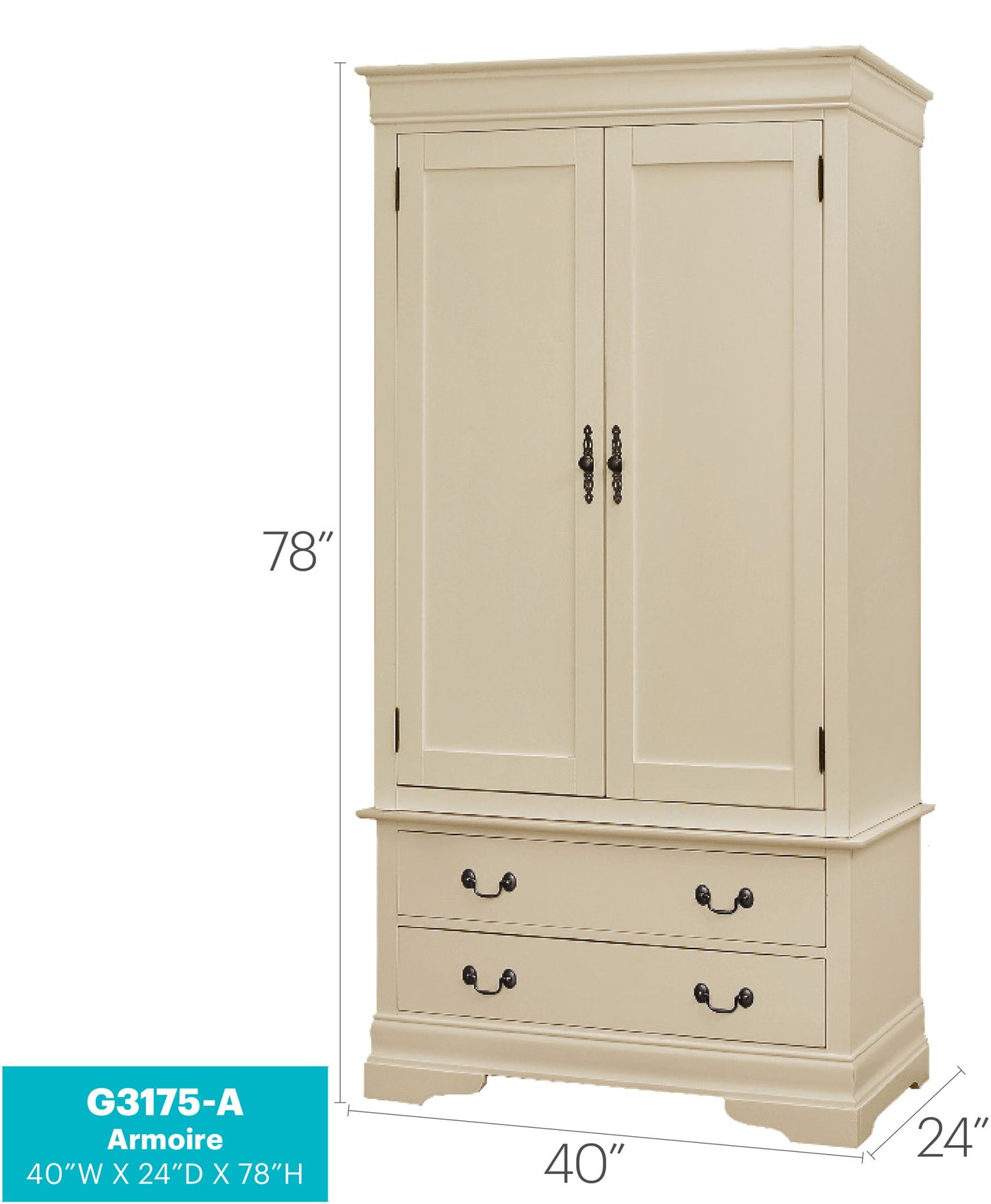 The Elegant Traditional Armoire is cream-colored with two doors, two drawers, and ornate handles. It measures 78"H x 40"W x 24"D. A blue label at the bottom left shows model G3175-A and dimensions.