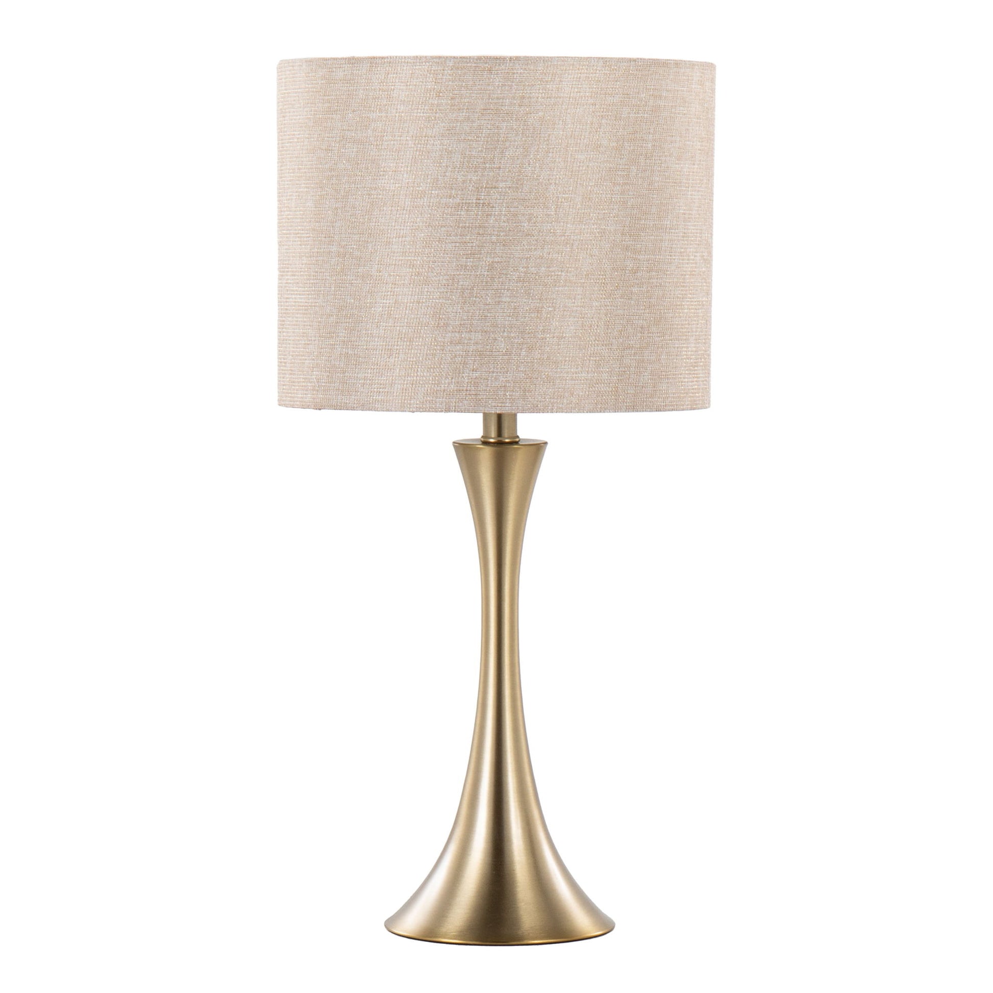 The Lenuxe Contemporary & Modern Design Table Lamp set features a beige fabric drum shade and sleek, tapered metallic gold base, shown against a plain white background.