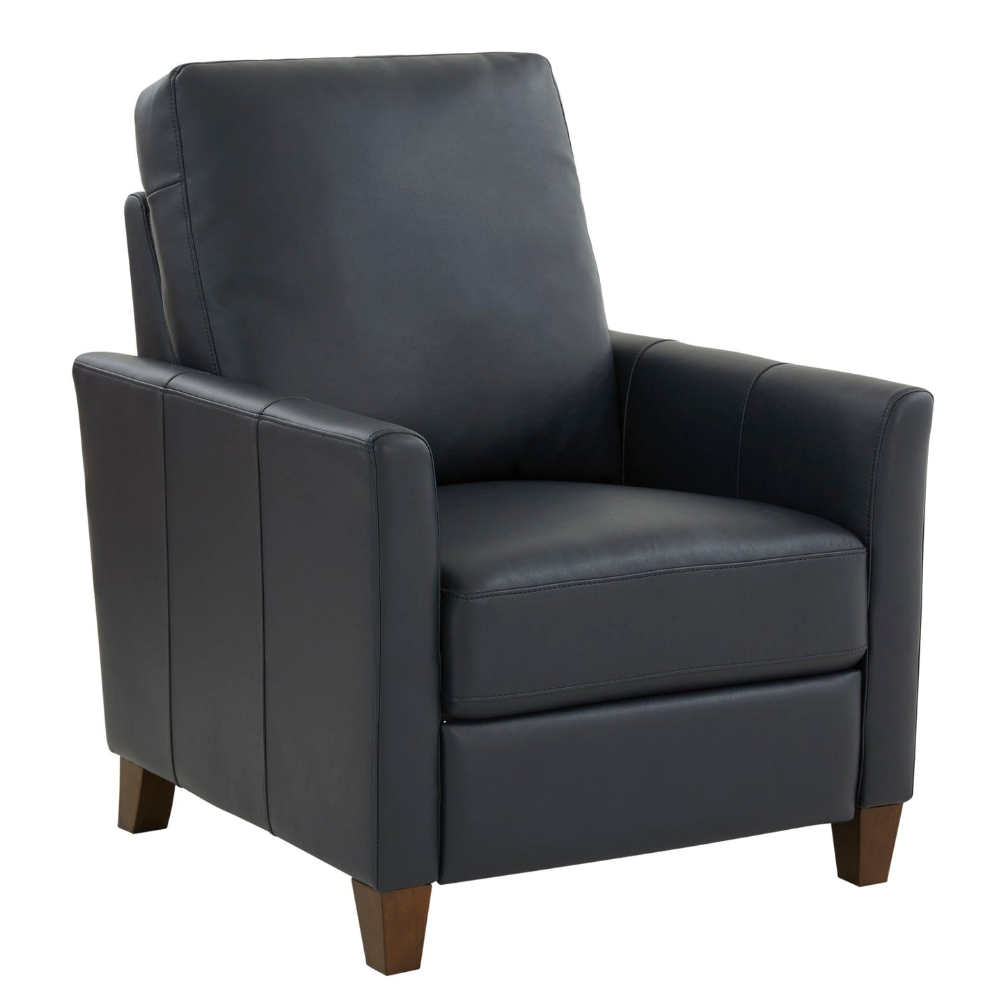 The Pablo - Modern Recliner With Manual Recline is a sleek black leather armchair featuring straight lines, padded seat and backrest, and wooden legs, shown angled against a white background.