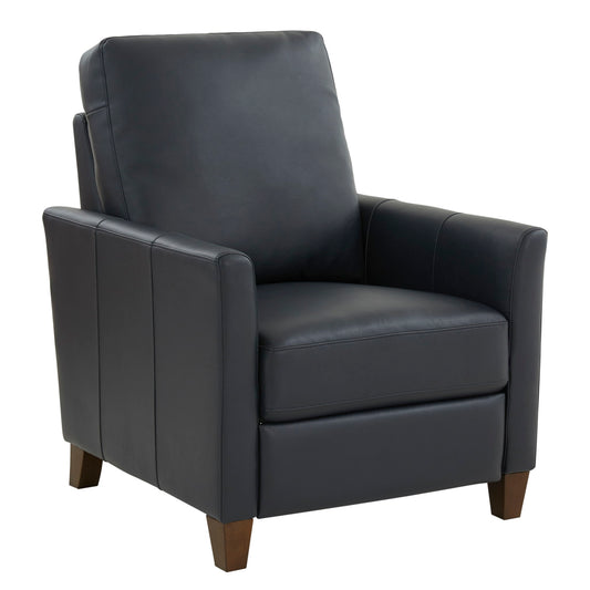 The Pablo - Modern Recliner With Manual Recline is a sleek black leather armchair featuring straight lines, padded seat and backrest, and wooden legs, shown angled against a white background.