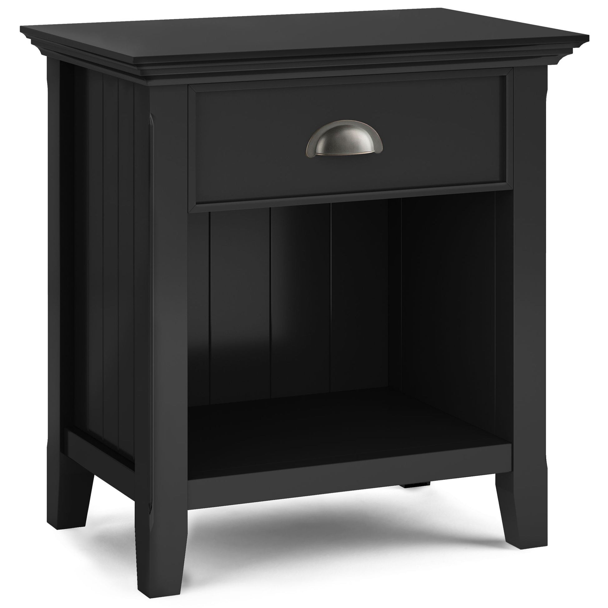 The Acadian Handcrafted Bedside Table is a black wooden nightstand with one drawer, metallic handle, open lower shelf, and four sturdy legs.