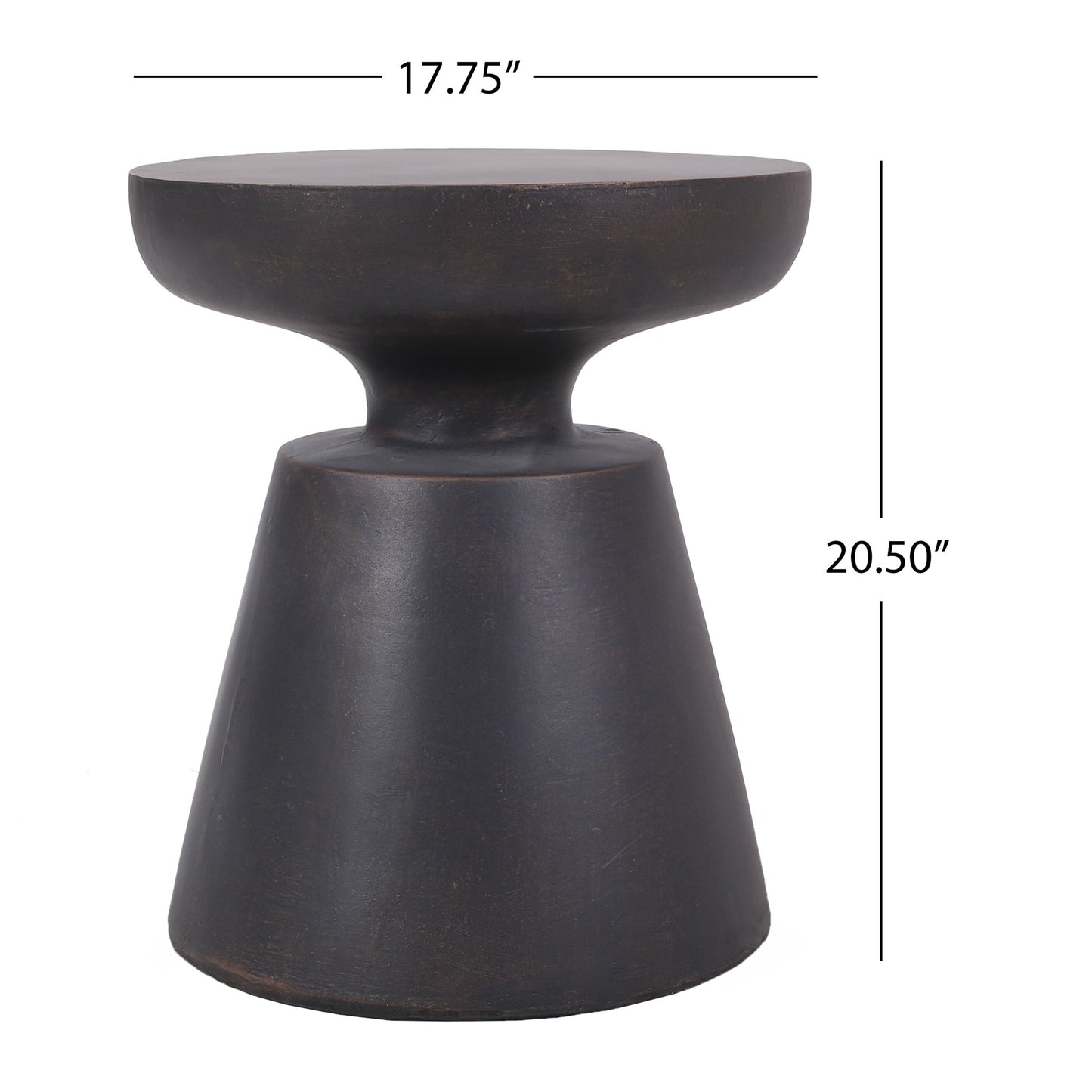 A modern, copper-toned Outdoor Lightweight Concrete End Table with a half sphere top, measuring 17.75" wide and 20.5" high. White lines and numbers emphasize its dimensions for clarity.