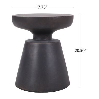 A modern, copper-toned Outdoor Lightweight Concrete End Table with a half sphere top, measuring 17.75" wide and 20.5" high. White lines and numbers emphasize its dimensions for clarity.