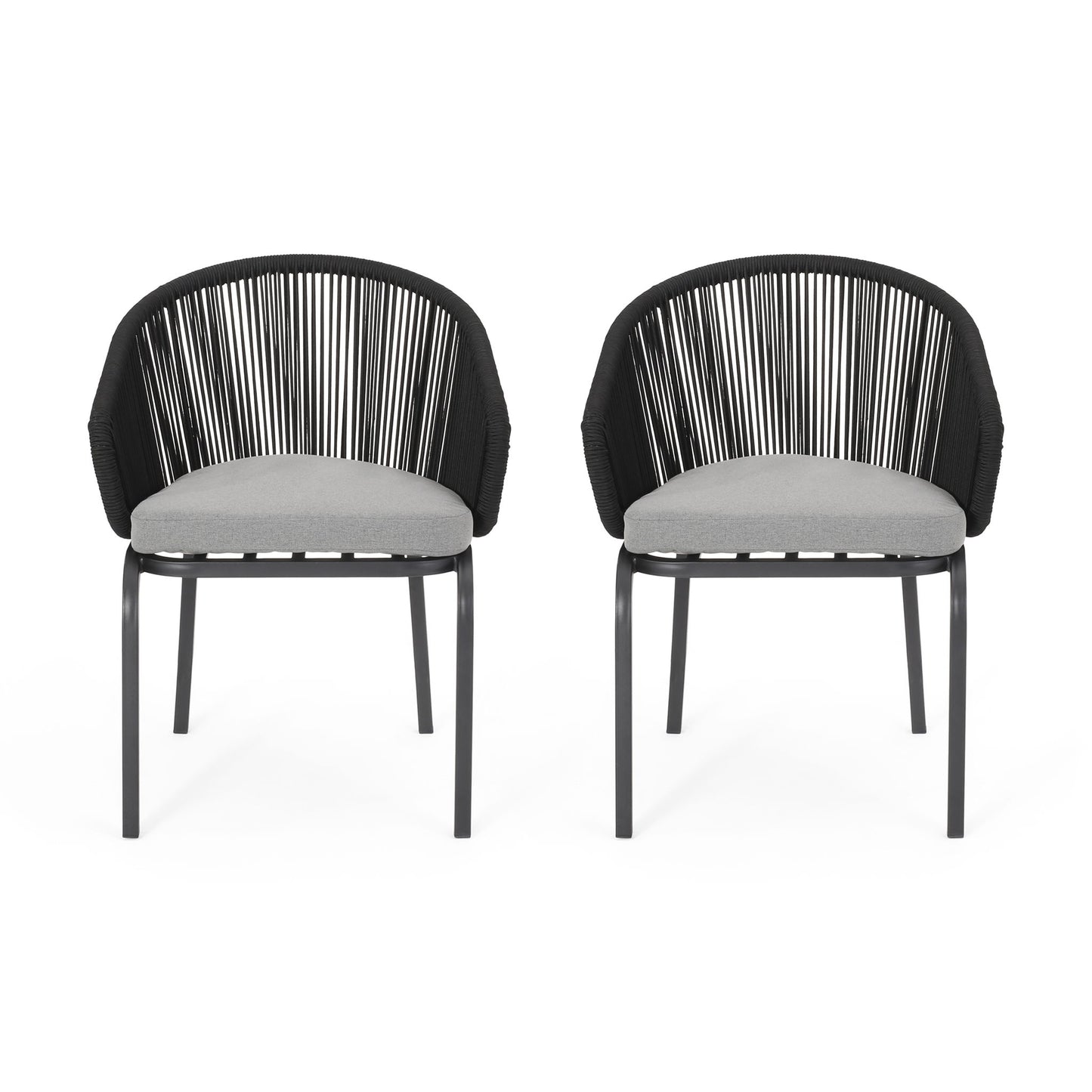 Pair of Outdoor Wicker Chairs featuring black powder coated iron legs, curved backs with black woven cords, and light gray cushioned seats, displayed side by side against a white background.