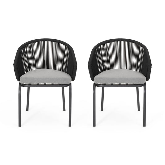 Pair of Outdoor Wicker Chairs featuring black powder coated iron legs, curved backs with black woven cords, and light gray cushioned seats, displayed side by side against a white background.