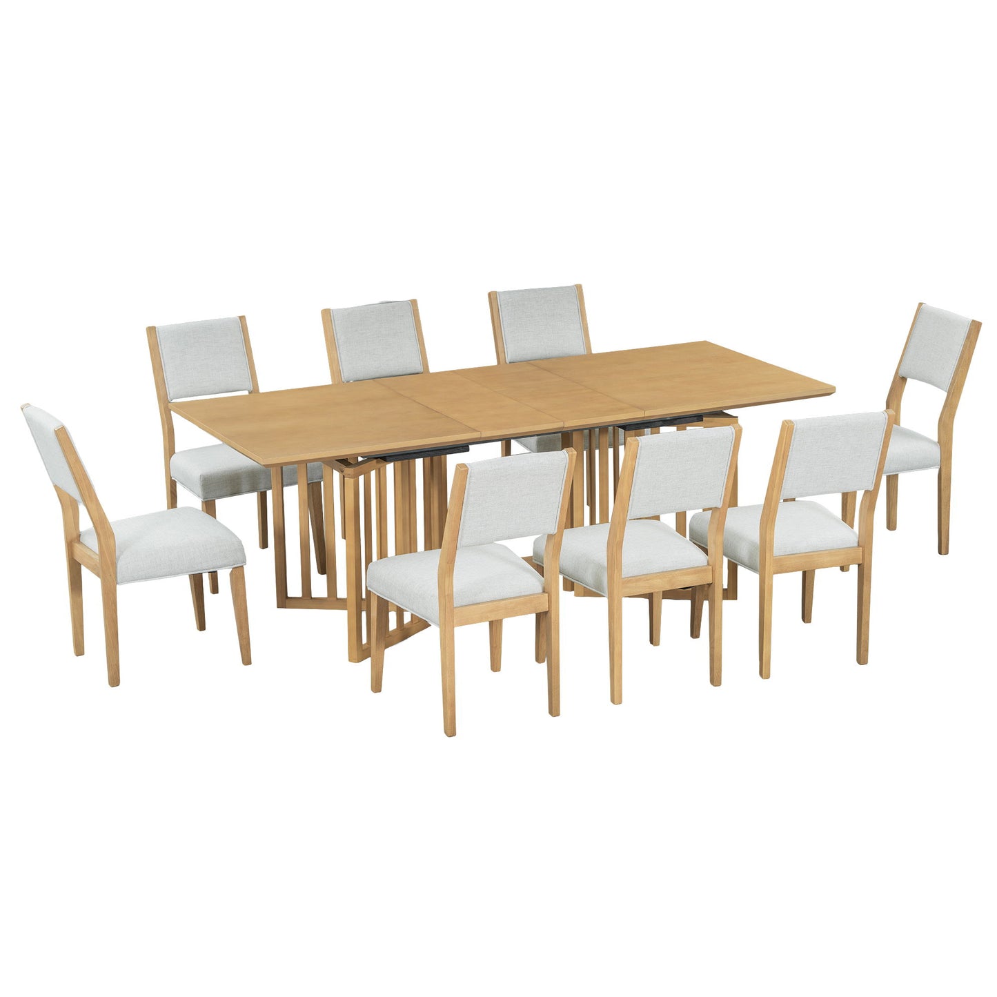 The Topmax 9 Piece Farmhouse Extendable Dining Table Set includes an extendable table with 2 removable leaves and 8 upholstered chairs, each featuring light-colored seats and backs, arranged with four chairs on each side.