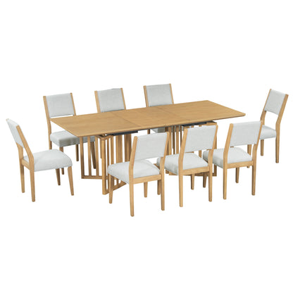 The Topmax 9 Piece Farmhouse Extendable Dining Table Set includes an extendable table with 2 removable leaves and 8 upholstered chairs, each featuring light-colored seats and backs, arranged with four chairs on each side.