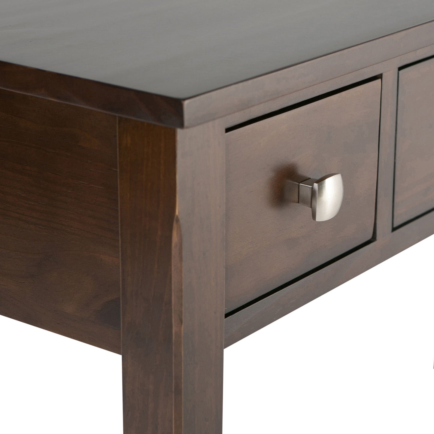 Close-up of the Avalon - Handcrafted Writing Office Desk, showcasing its dark-finished wooden surface and a side drawer with a modern metallic handle. Set against a white background.