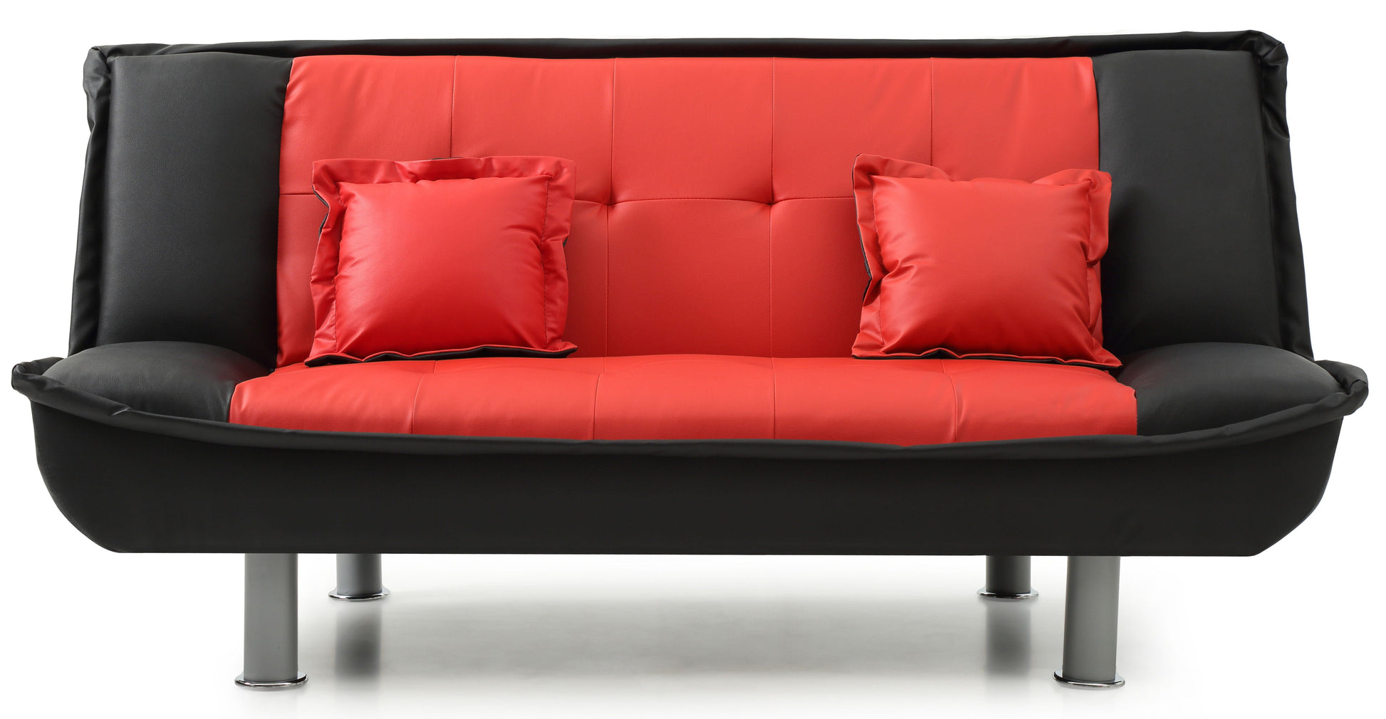 The Lionel Sofa Bed - Two Tone boasts a sleek modern design with a red cushioned seat and backrest, black armrests, and two symmetrically placed red throw pillows. It's supported by four silver metallic legs.