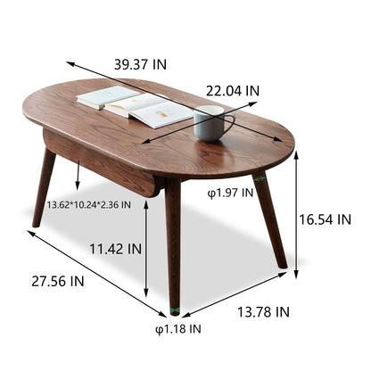 The Capsule Centre Low Table With Drawers Coffee Table features an oval wooden top with angled legs. Dimensions: 39.37"L x 22.04"W x 16.54"H; lower shelf 13.62"x10.24"x2.36"; leg diameter 1.18"; leg distances: 27.56" and 13.78".