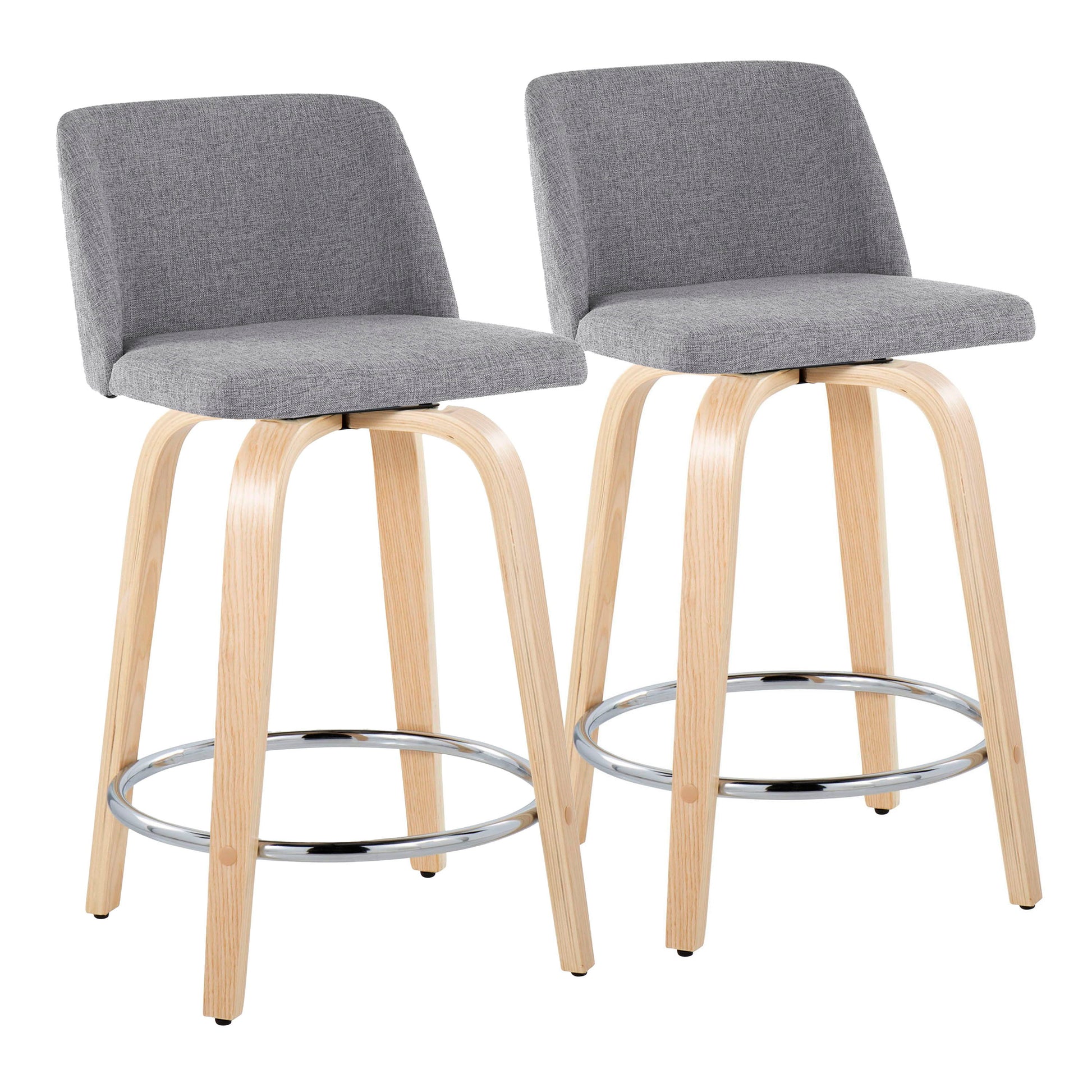 The Toriano set includes two contemporary fixed-height counter stools with swivel seats, round chrome footrests, light wooden legs, and cushioned grey fabric upholstery for a minimalist look.