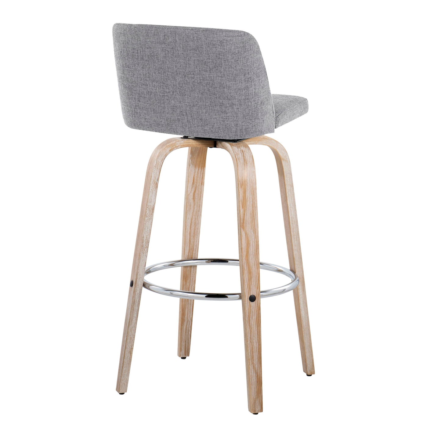 The Toriano Contemporary Fixed Height Barstool Set features swivel seats, a light wooden frame, round chrome footrests, and gray upholstered seat and backrest, shown from an angled rear view. Comes as a set of 2.