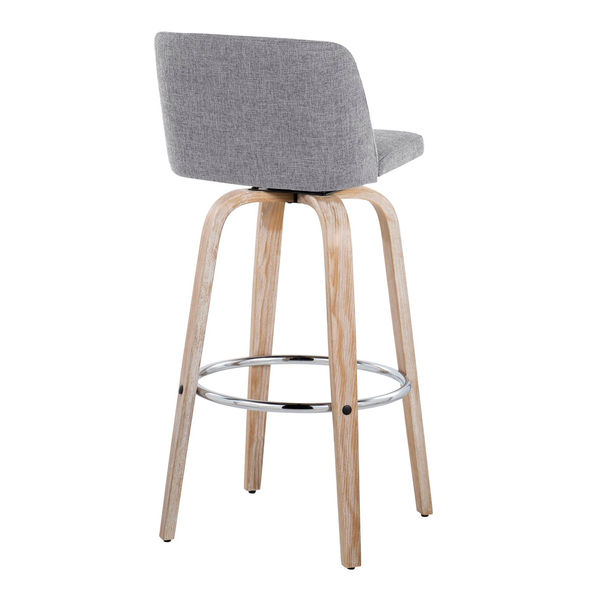 The Toriano Contemporary Fixed Height Barstool Set features swivel seats, a light wooden frame, round chrome footrests, and gray upholstered seat and backrest, shown from an angled rear view. Comes as a set of 2.