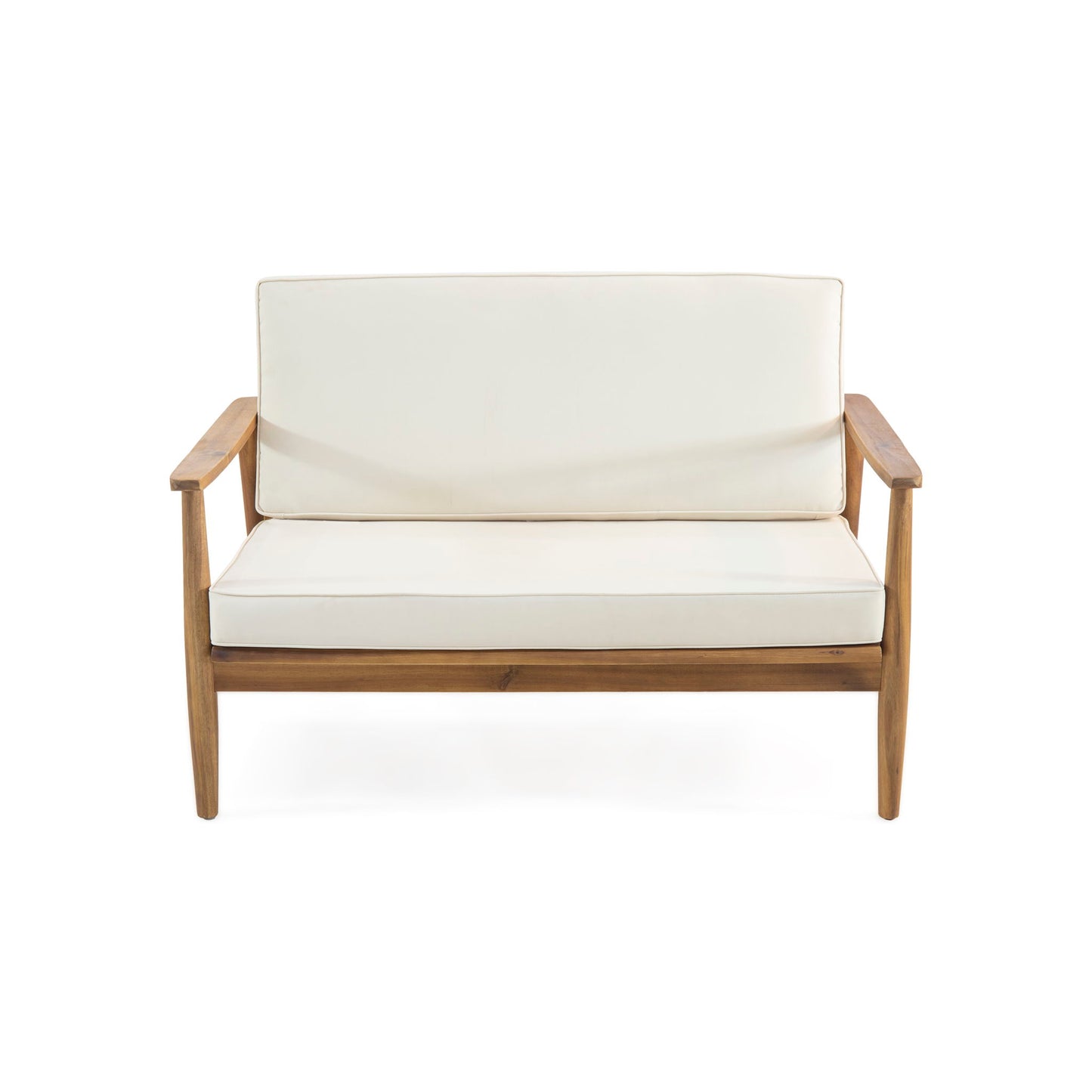 The Outdoor Acacia Wood Loveseat Set With Coffee Table features a wooden frame, straight armrests, and cream seat and back cushions, displayed against a white background.