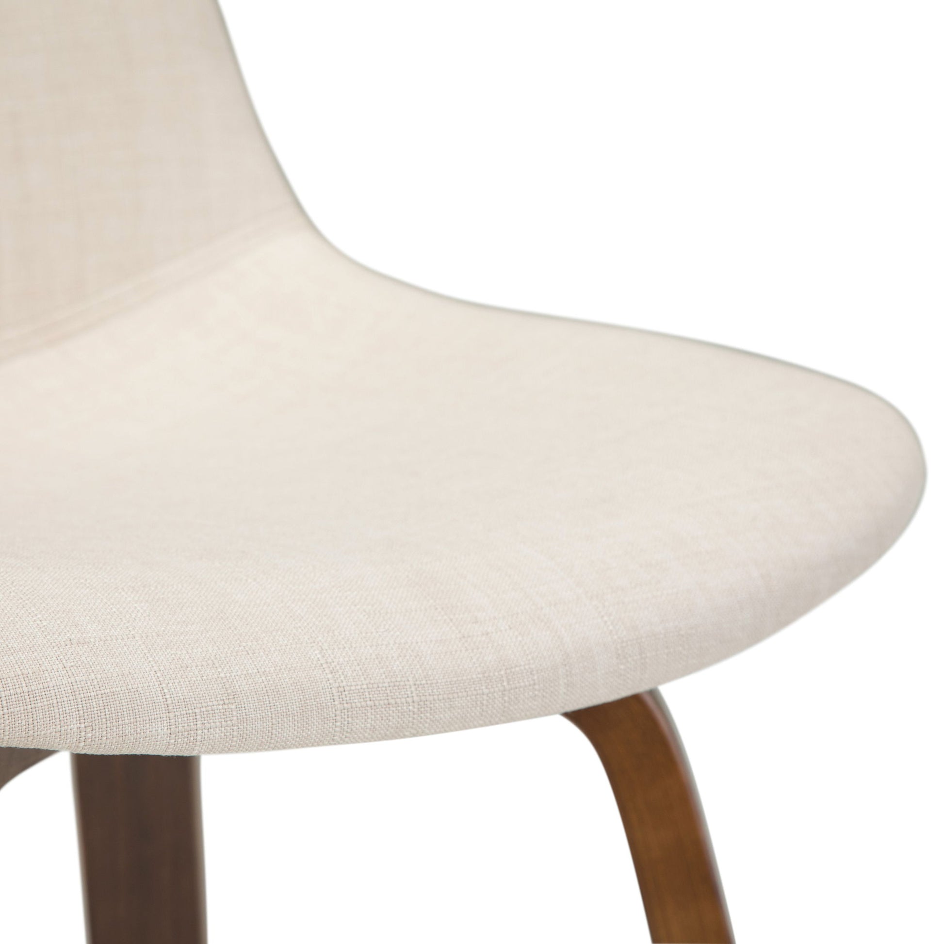 Close-up of the Randolph Bentwood - Counter / Bar Height Stool (Set of 2), featuring a light beige fabric seat and curved wooden legs, set against a white background.