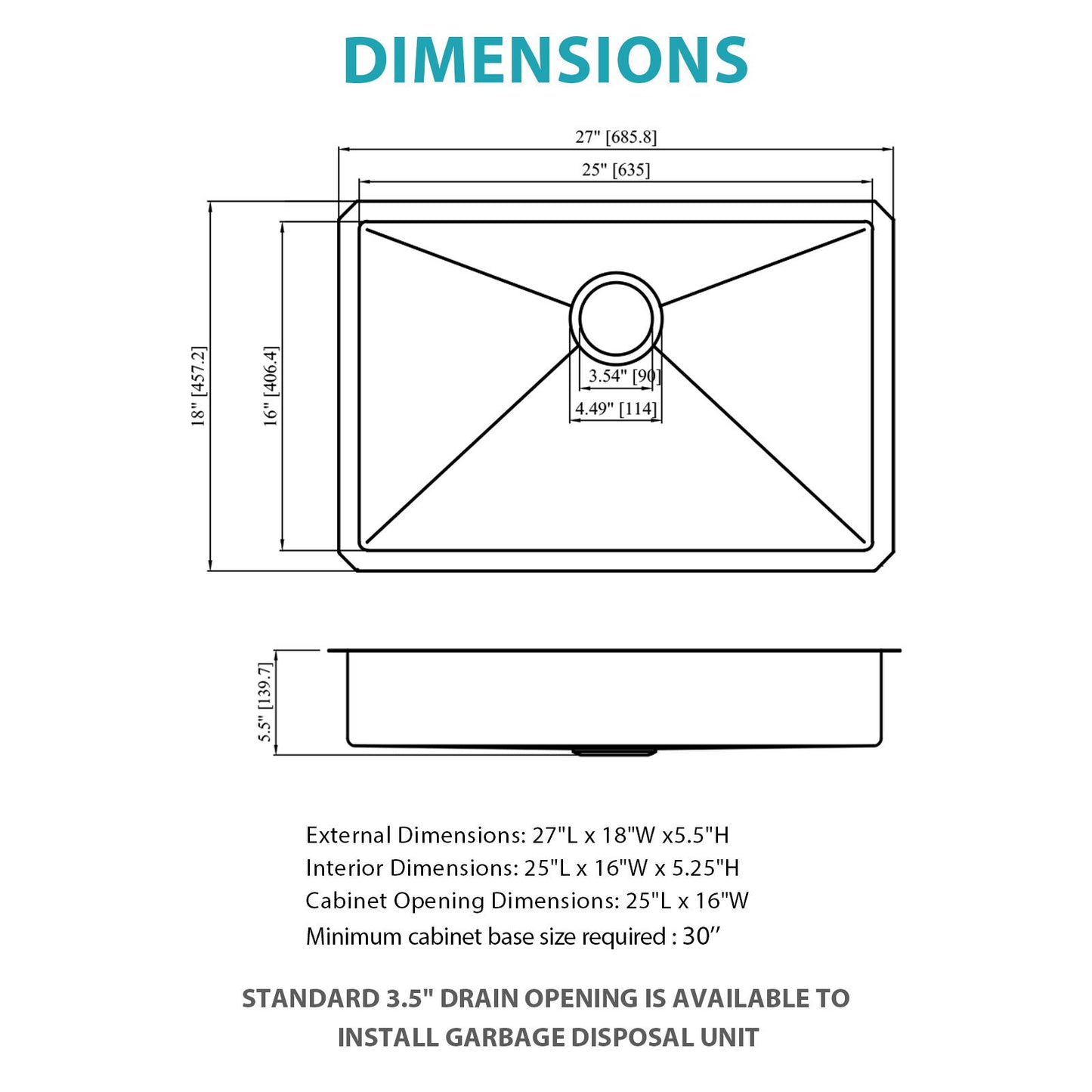 Ada-Compliant 27" Undermount Sink, Low Depth Single Bowl - Brushed Nickel