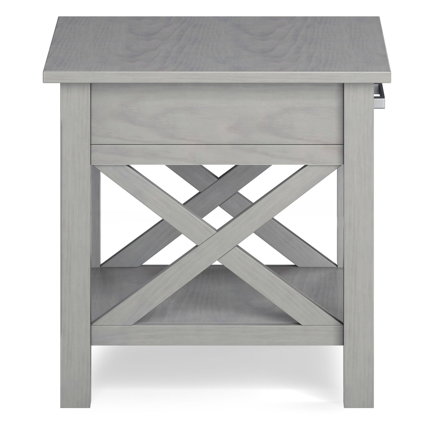 The Kitchener - Handcrafted Table features a light gray wood finish, X-crossbar sides, a flat top, lower shelf for storage, and simple straight legs for modern appeal.