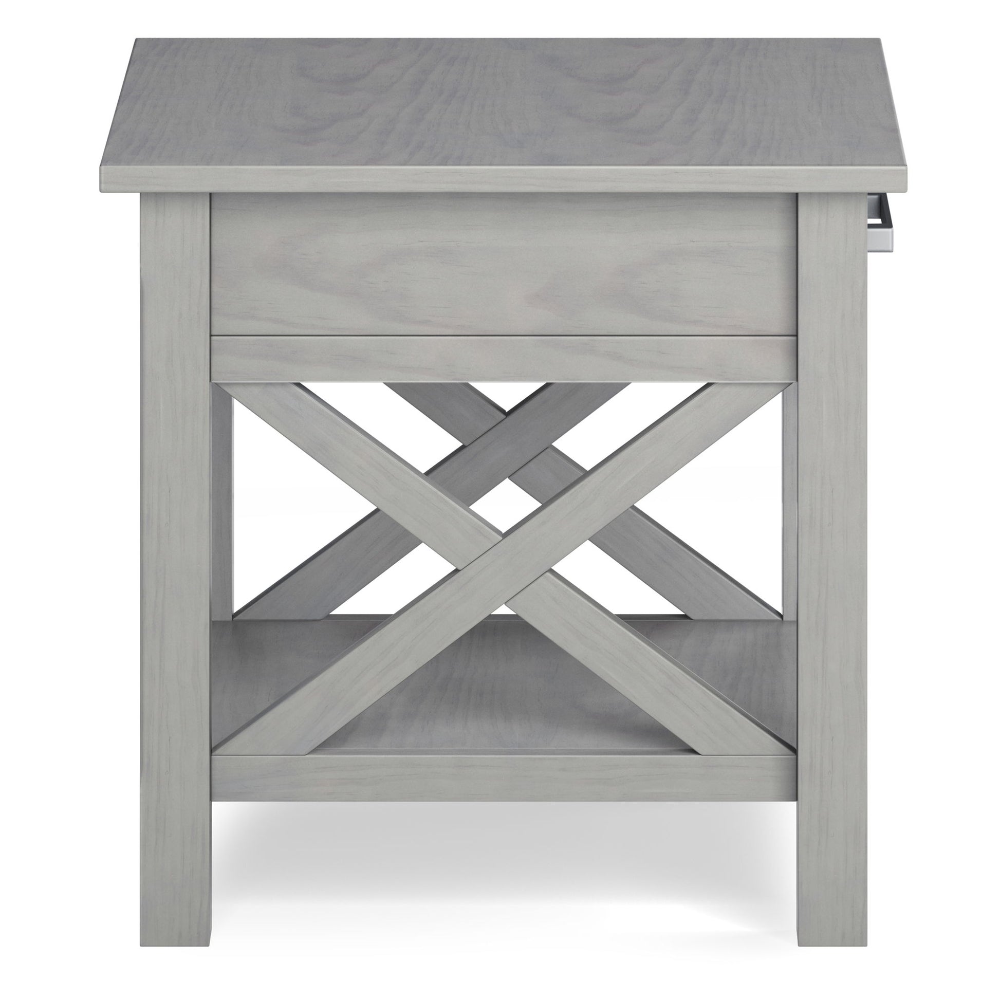 The Kitchener - Handcrafted Table features a light gray wood finish, X-crossbar sides, a flat top, lower shelf for storage, and simple straight legs for modern appeal.