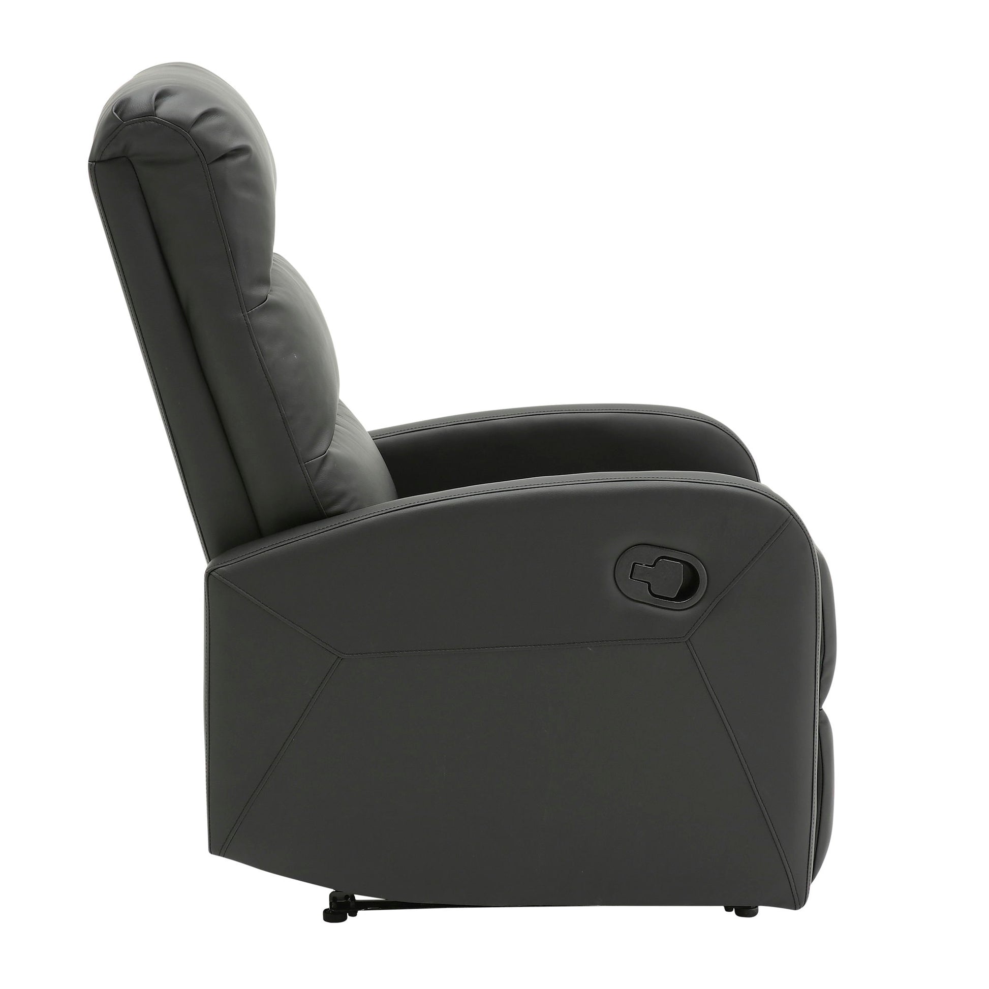 Side view of the Dormi - Contemporary Recliner Chair in black, featuring a padded seat, backrest, and armrests. Upholstered in a smooth material with a visible reclining lever on the side.