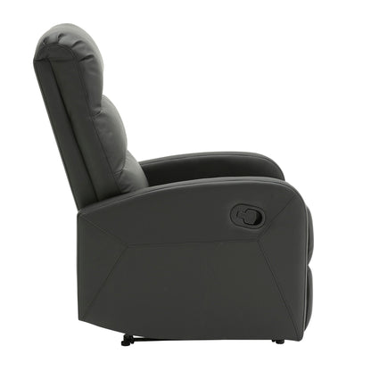 Side view of the Dormi - Contemporary Recliner Chair in black, featuring a padded seat, backrest, and armrests. Upholstered in a smooth material with a visible reclining lever on the side.