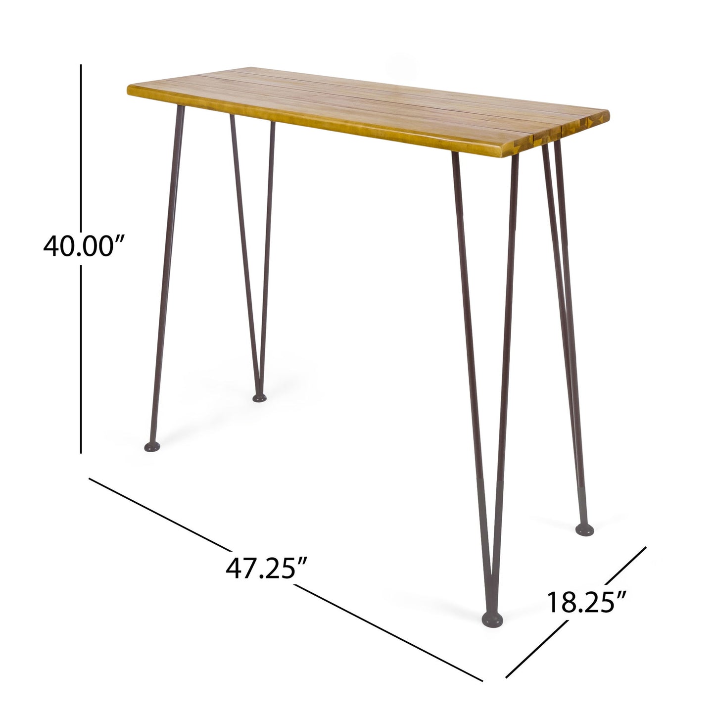 The Outdoor Bar Table features a teak wood tabletop with slim black iron hairpin legs. It measures 40" tall, 47.25" wide, and 18.25" deep.